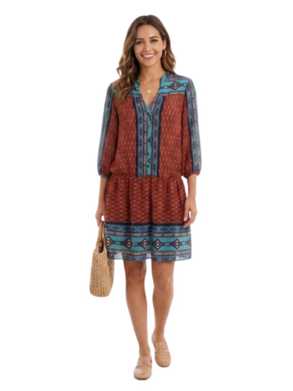 BeBop Southwestern Aztec Boho Sheer Drop Waist Mini Dress Medium Coastal Cowgirl
